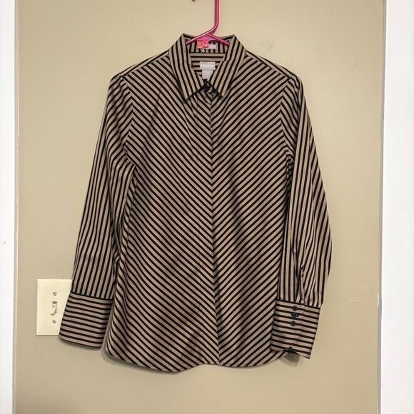 Chicos No Iron Sateen Imperial Stripe Button Front Blouse Black Tan Cotton Small - Picture 1 of 11